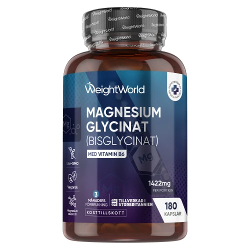 Magnesiumglycinat med vitamin B6, 180 kapslar - För energi och muskler - WeightWorld