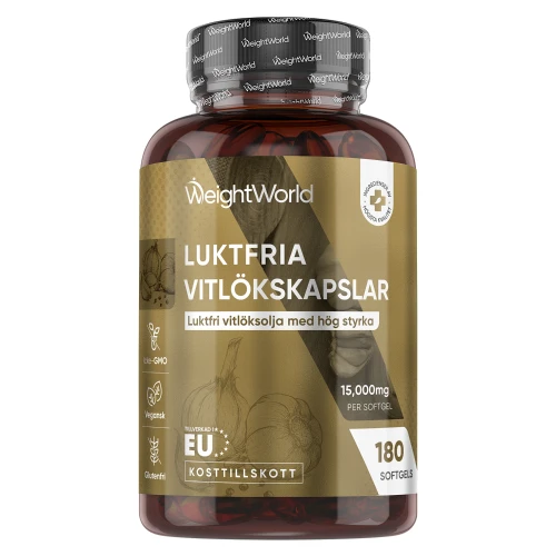 Luktfria Vitlökskapslar 15000 mg, 180 kapslar - För hjärthälsa och kolesterol - Till vegansk diet