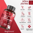 En Röda Jäst Ris kapslar burk till vänster där det sedan beskrivs olika fördelar med att beställa produkten från WeightWorld till höger