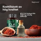 Bilden visar en burk av WeightWorlds CLA kapslar och framför den en glasflaska med klar linolsyra och på sidorna är det massa fibrer som ligger runtomkring