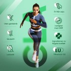 I mitten är det en bild på en kvinna som springer och runtomkring är det olika mindre bilder för att informera att produkten är glutenfri och vart den är tillverkad med massa mer information