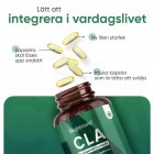 En burk CLA kapslar som har ramlat och massor av kapslar som fallit ut, med text som beskriver hur lätt det är att ta dessa under sin vardag