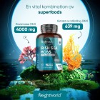 En burk med WeightWorlds Irish Sea Moss 4000 mg i havsmiljö, tillsammans med ingredienserna havsmossa och blåtång