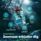 En burk med WeightWorlds Irish Sea Moss 4000 mg som dyker ner under vattenytan, och beskrivning av produkten