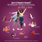 En familj som står i mitten och runt dom finns det ord som beskriver hur bra Järn och Vitamin C gummies är för barn