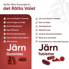 På denna bild ser man en text av jämförelse av att använda järn gummies och järn tabletter