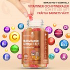 Bilden visar en öppen burk av Multivitamin Gummies för barn för att visa hur vingummit ser ut och även text om alla vitaminer produkten innehåller