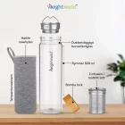 Bilden visar en resebehållare, termosflaska, locket och te silarna som ingår