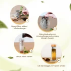 Bilden visar 4 bilder som beskriver stegen man bör ta för att använda termosflaskan ordentligt