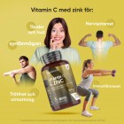 Bilden visar 1 leende kvinna och 3 personer som utför olika sorters träning