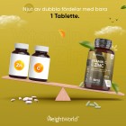 Bilden visar en gungbräda med WeightWorlds Vitamin C Zinktabletter 1000 mg på ena sidan, och två vita burkar på andra sida