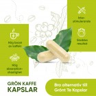 Två Grönt Kaffe kapslar med text runt omkring som nämner fördelarna med kapslarna
