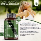 En burk med WeightWorlds N-acetylcystein (NAC) med en glad kvinna i bakgrunden, och information om produkten
