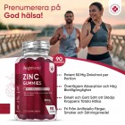 Bild på en burk av WeightWorlds Zink Gummies samt text om egenskaperna för produkten