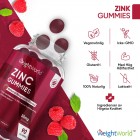 En bild på en öppnad burk av WeightWorlds Zink Gummies samt information om produktens allergier